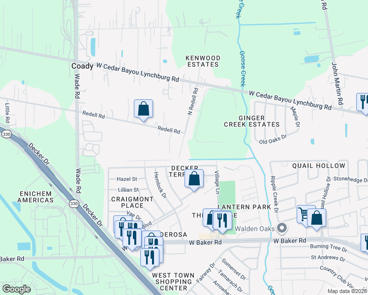 map of restaurants, bars, coffee shops, grocery stores, and more near 5220 Gwenn Lane in Baytown
