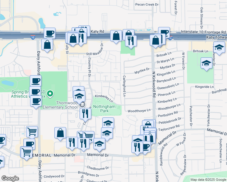map of restaurants, bars, coffee shops, grocery stores, and more near 14250 Kimberley Lane in Houston