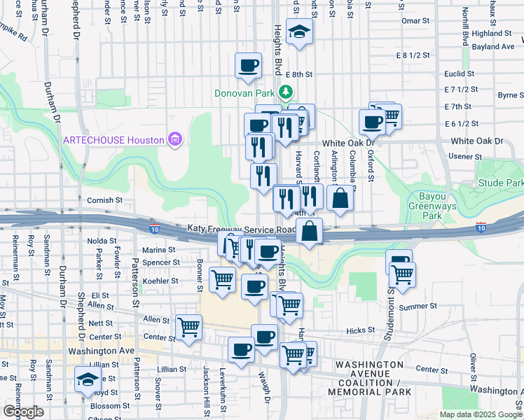 map of restaurants, bars, coffee shops, grocery stores, and more near 400 Yale Street in Houston