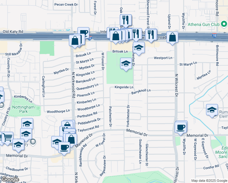 map of restaurants, bars, coffee shops, grocery stores, and more near 13730 Barryknoll Lane in Houston