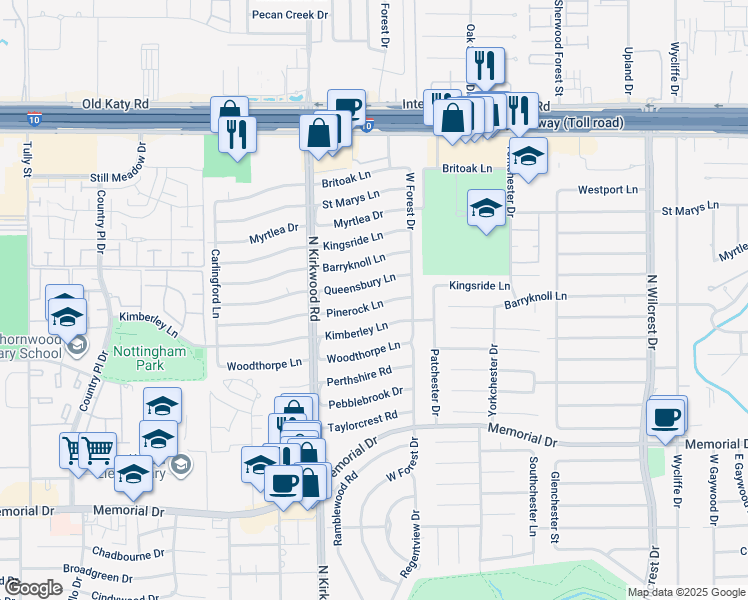 map of restaurants, bars, coffee shops, grocery stores, and more near 13826 Pinerock Lane in Houston