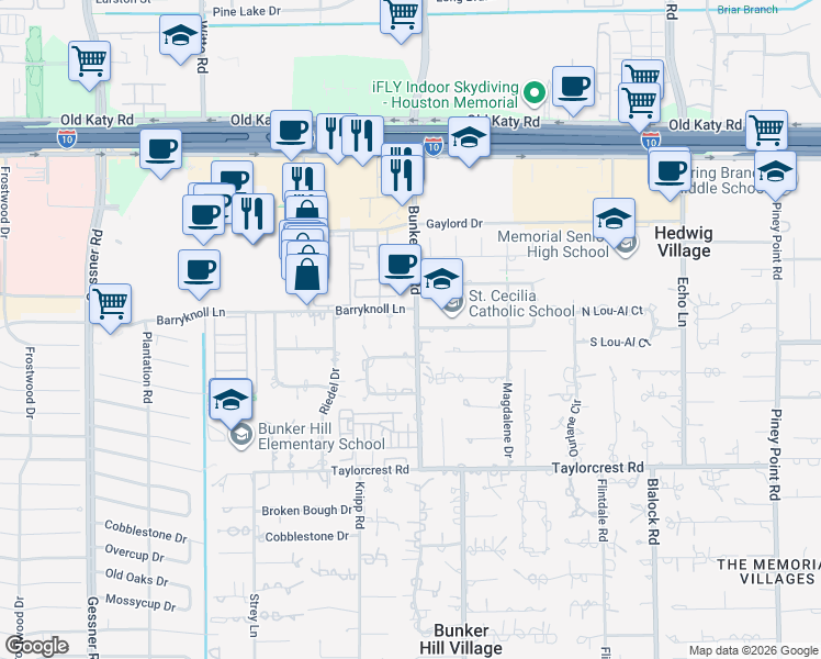 map of restaurants, bars, coffee shops, grocery stores, and more near 837 Bunker Hill Road in Houston