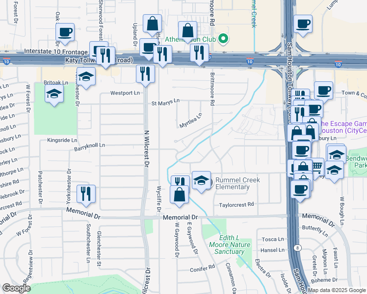 map of restaurants, bars, coffee shops, grocery stores, and more near 13162 Barryknoll Lane in Houston