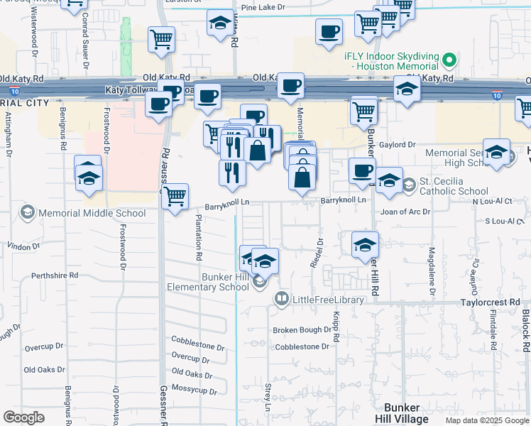 map of restaurants, bars, coffee shops, grocery stores, and more near 515 Strey Lane in Houston