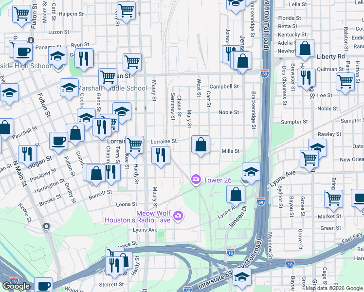 map of restaurants, bars, coffee shops, grocery stores, and more near 1810 Chase Street in Houston