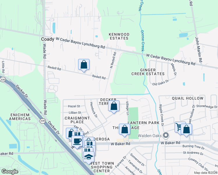 map of restaurants, bars, coffee shops, grocery stores, and more near 5220 Gwenn Lane in Baytown