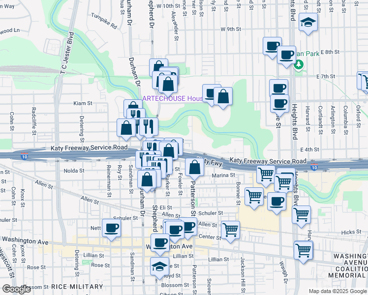map of restaurants, bars, coffee shops, grocery stores, and more near 4602 Katy Freeway Service Road in Houston