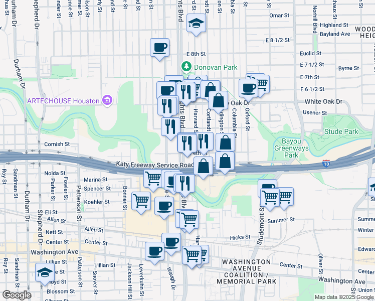 map of restaurants, bars, coffee shops, grocery stores, and more near 402 Heights Boulevard in Houston