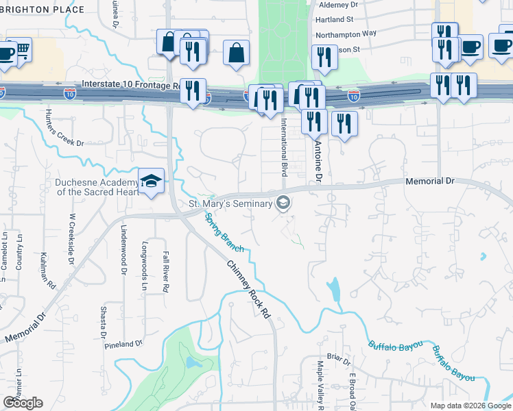 map of restaurants, bars, coffee shops, grocery stores, and more near 602 Timber Terrace Road in Houston