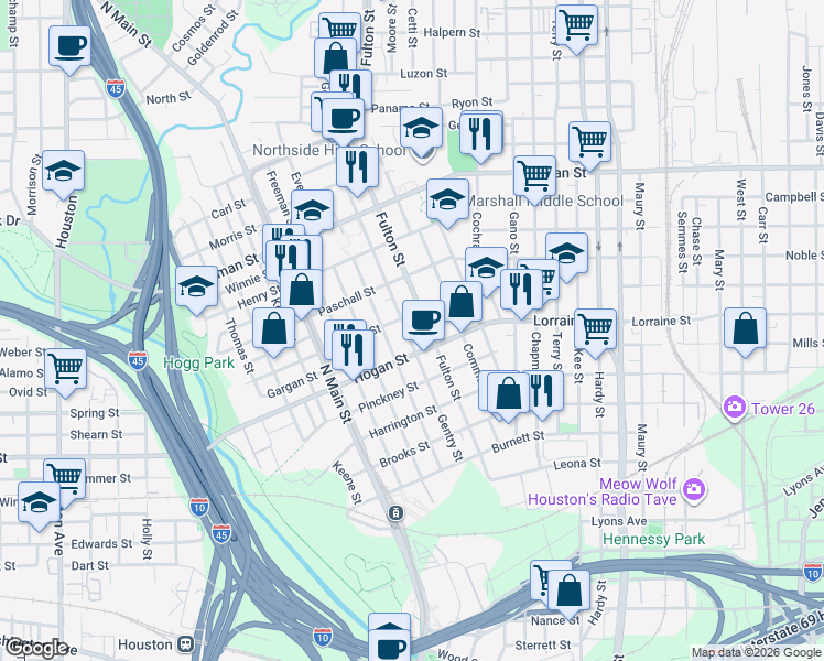 map of restaurants, bars, coffee shops, grocery stores, and more near 1104 Gargan Street in Houston