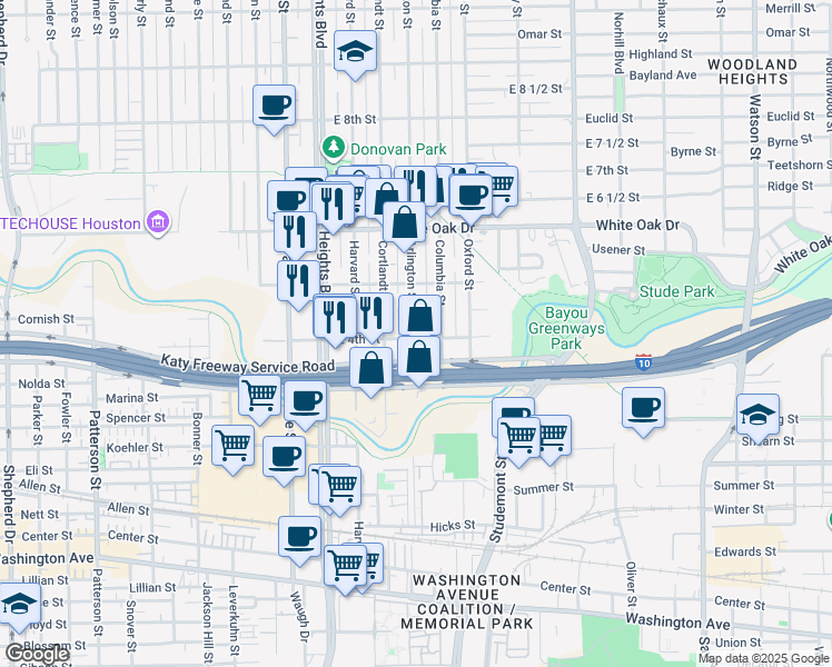map of restaurants, bars, coffee shops, grocery stores, and more near 402 Arlington Street in Houston