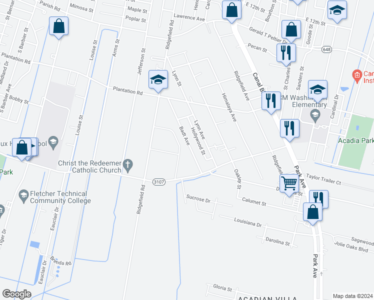 map of restaurants, bars, coffee shops, grocery stores, and more near 1807-1835 Badt Avenue in Thibodaux