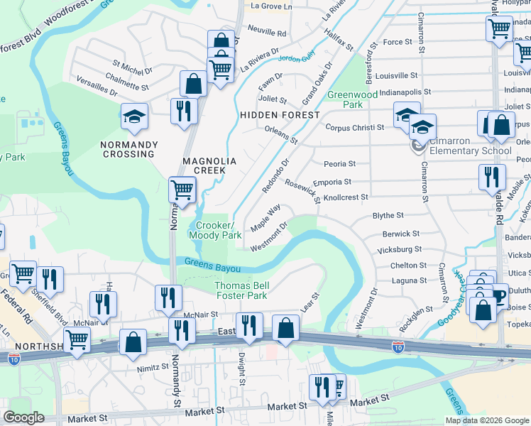 map of restaurants, bars, coffee shops, grocery stores, and more near 606 Maple Way in Houston