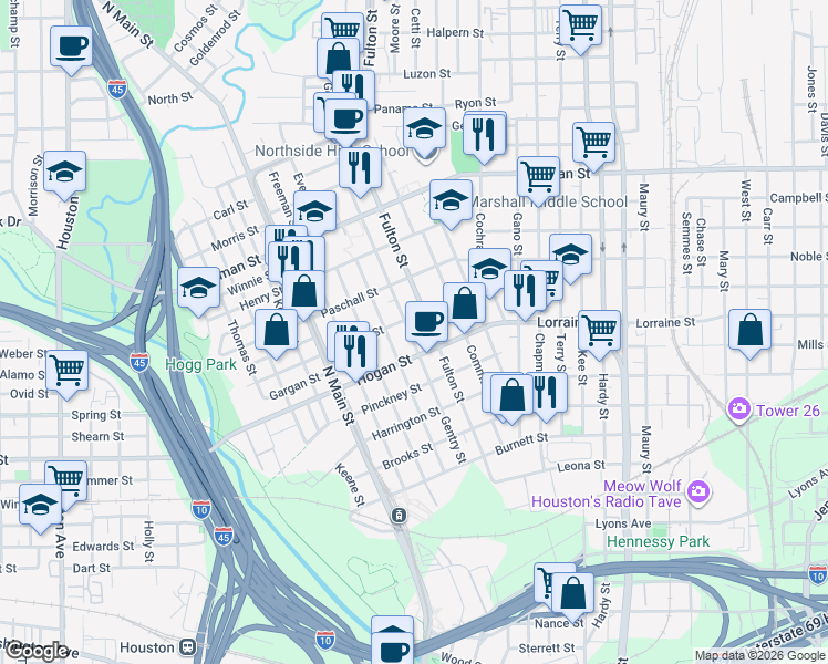map of restaurants, bars, coffee shops, grocery stores, and more near 1104 Gargan Street in Houston