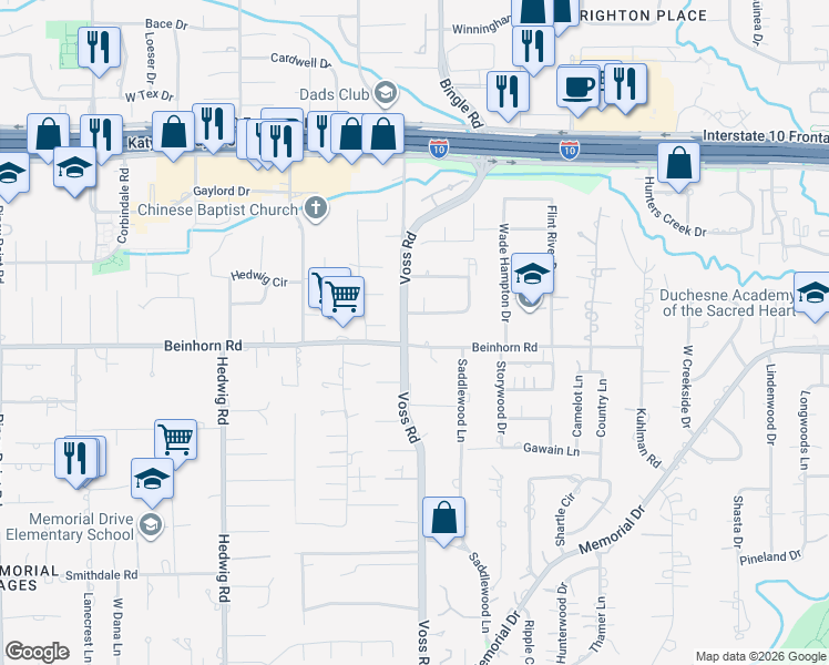 map of restaurants, bars, coffee shops, grocery stores, and more near 10803 Oak Creek Street in Houston