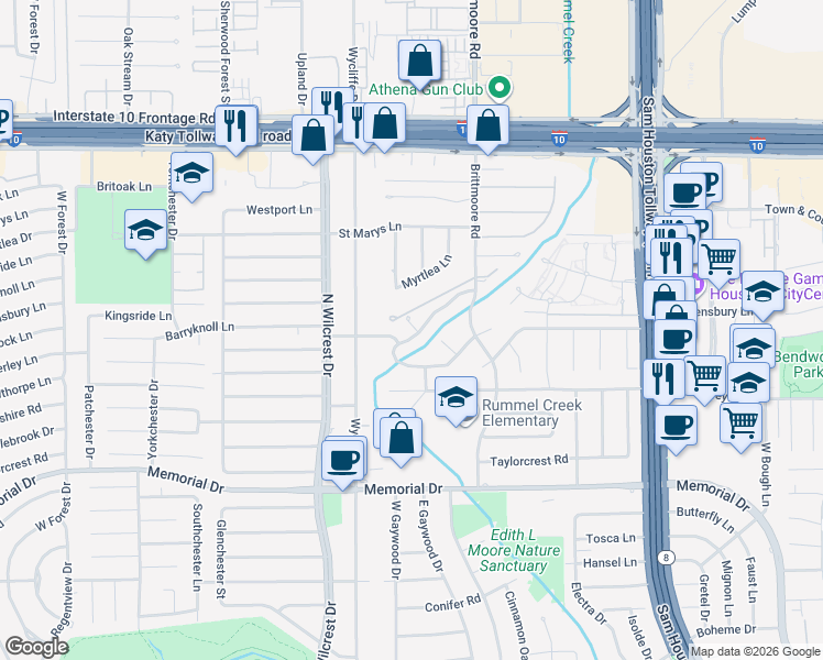 map of restaurants, bars, coffee shops, grocery stores, and more near 13162 Barryknoll Lane in Houston