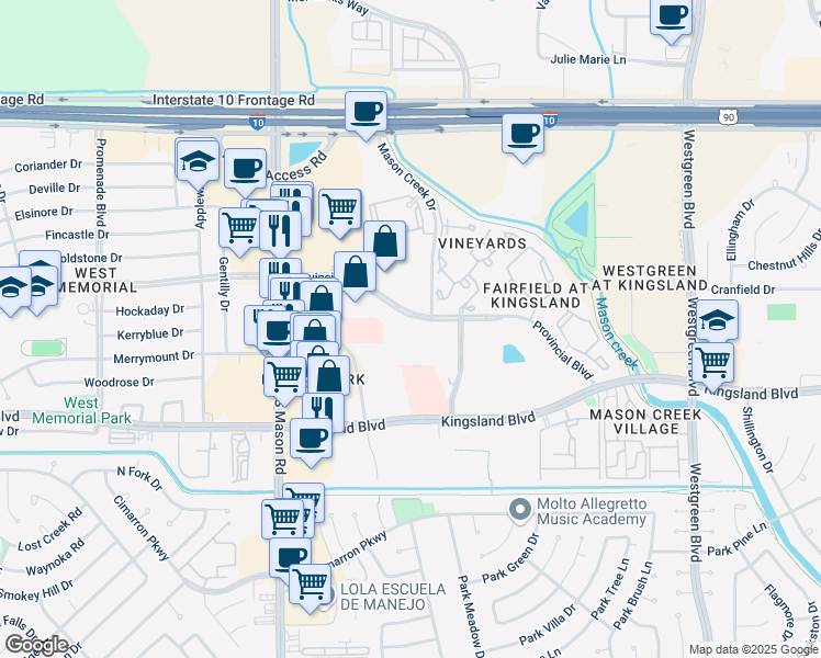 map of restaurants, bars, coffee shops, grocery stores, and more near 21727 Provincial Boulevard in Katy