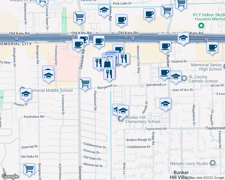 map of restaurants, bars, coffee shops, grocery stores, and more near 616 Bettina Court in Houston