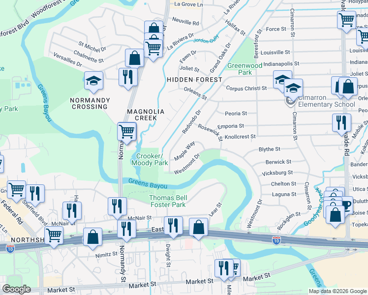 map of restaurants, bars, coffee shops, grocery stores, and more near 606 Maple Way in Houston