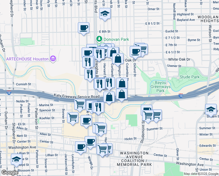 map of restaurants, bars, coffee shops, grocery stores, and more near 215 East 4th Street in Houston