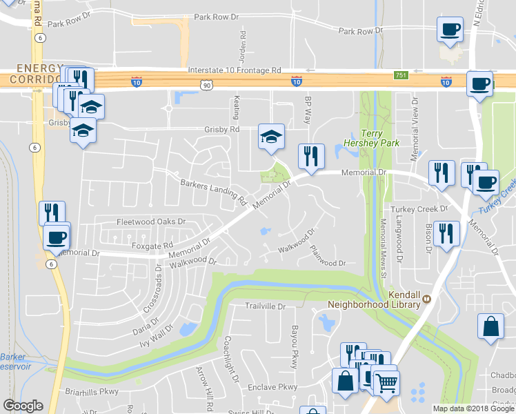 map of restaurants, bars, coffee shops, grocery stores, and more near 15571-15621 Memorial Drive in Houston