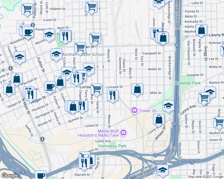 map of restaurants, bars, coffee shops, grocery stores, and more near 1822 Maury Street in Houston