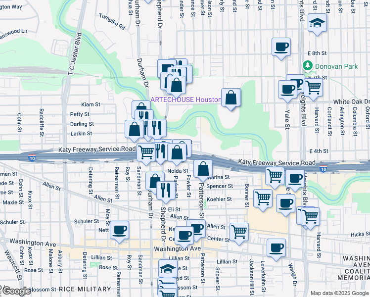 map of restaurants, bars, coffee shops, grocery stores, and more near 4602 Katy Freeway Service Road in Houston