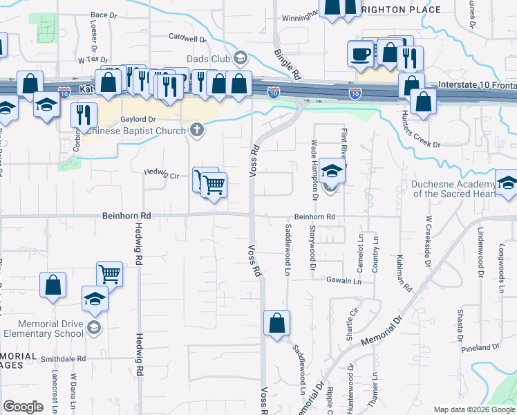 map of restaurants, bars, coffee shops, grocery stores, and more near 10803 Oak Creek Street in Houston