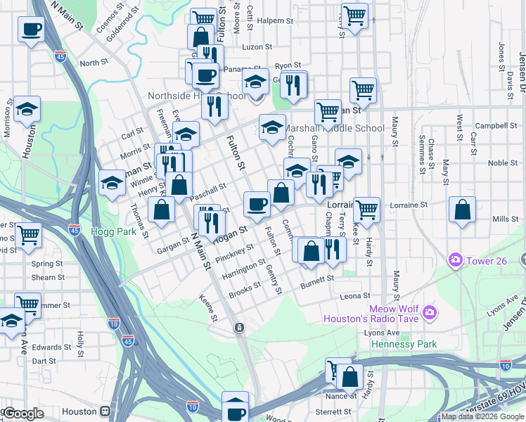 map of restaurants, bars, coffee shops, grocery stores, and more near 1104 Gargan Street in Houston