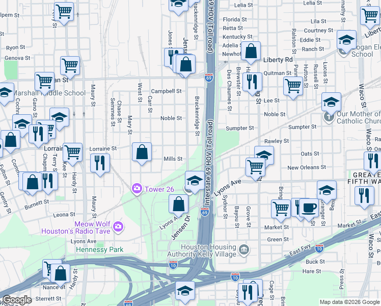 map of restaurants, bars, coffee shops, grocery stores, and more near 1814 Jensen Drive in Houston