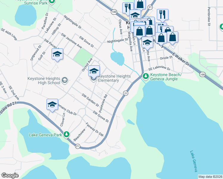 map of restaurants, bars, coffee shops, grocery stores, and more near 113 Southwest Pecan Street in Keystone Heights