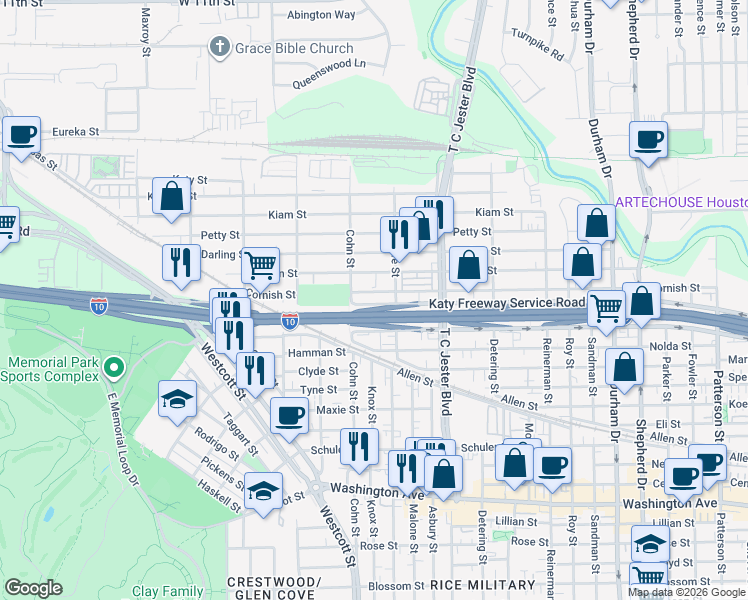 map of restaurants, bars, coffee shops, grocery stores, and more near 5523 Cornish Street in Houston