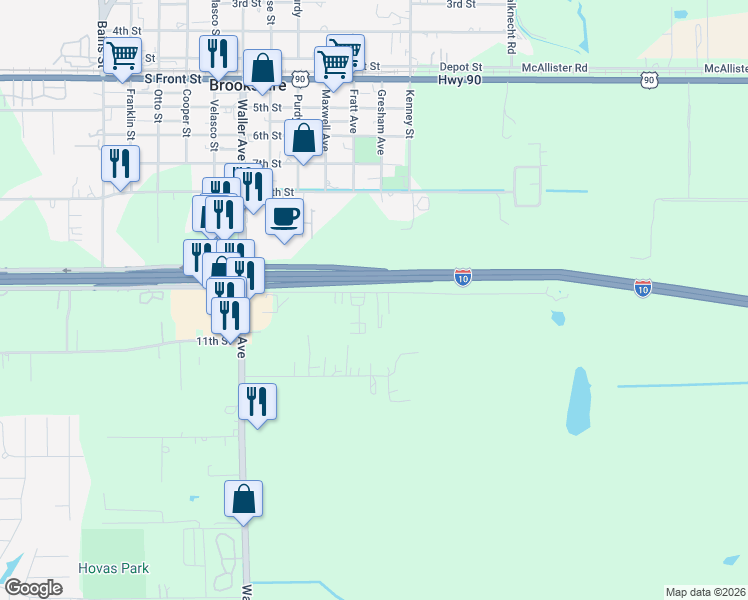 map of restaurants, bars, coffee shops, grocery stores, and more near 3621 10th Street in Brookshire