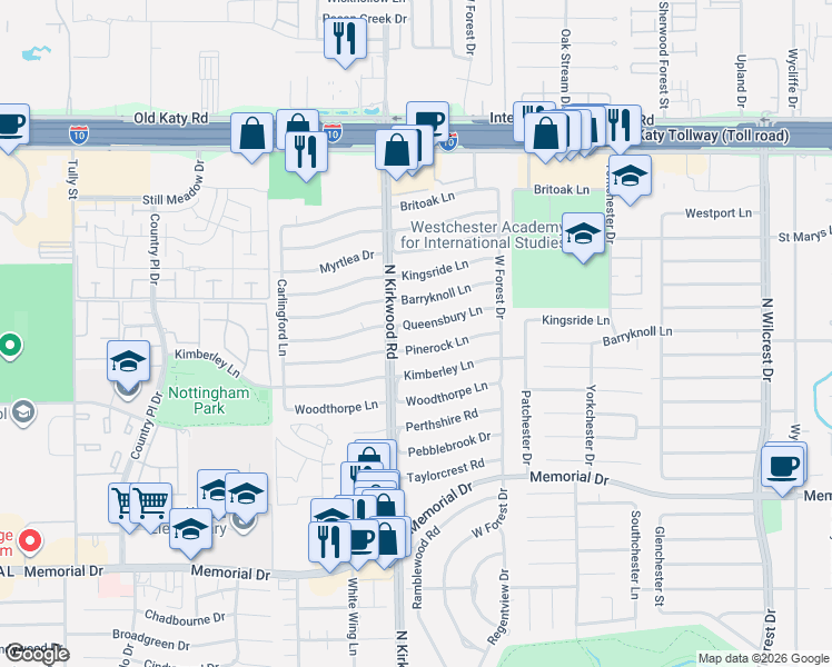 map of restaurants, bars, coffee shops, grocery stores, and more near 13919 Queensbury Lane in Houston