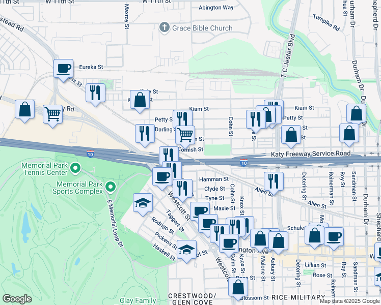 map of restaurants, bars, coffee shops, grocery stores, and more near 5721 Cornish Street in Houston