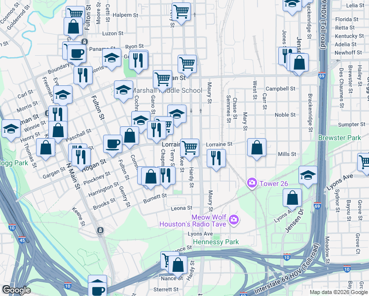 map of restaurants, bars, coffee shops, grocery stores, and more near 1816 McKee Street in Houston