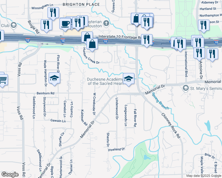 map of restaurants, bars, coffee shops, grocery stores, and more near 730 East Creekside Drive in Houston