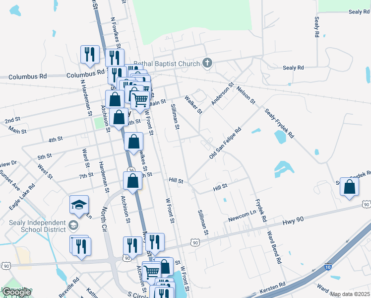 map of restaurants, bars, coffee shops, grocery stores, and more near 626 Silliman Street in Sealy