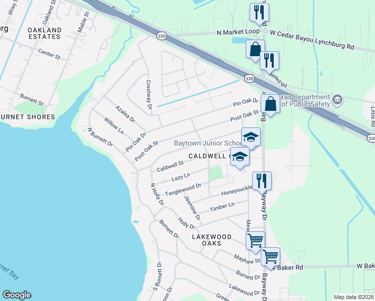 map of restaurants, bars, coffee shops, grocery stores, and more near 110 Red Bud Lane in Baytown