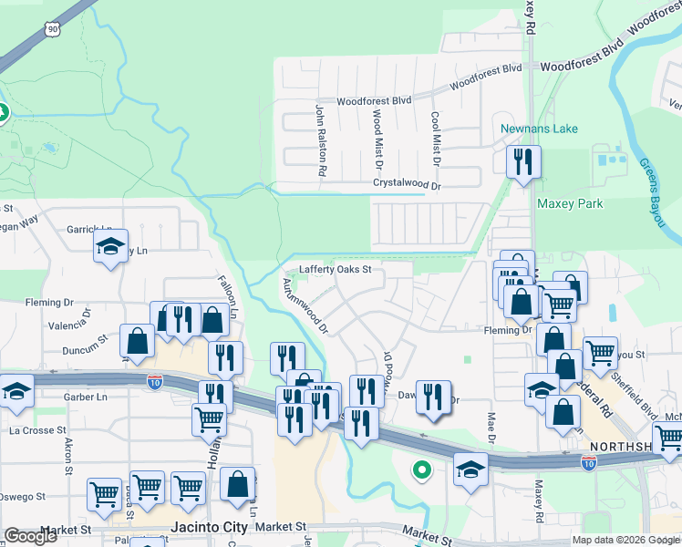 map of restaurants, bars, coffee shops, grocery stores, and more near 603 Centerwood Drive in Houston