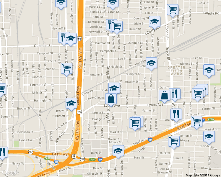 map of restaurants, bars, coffee shops, grocery stores, and more near 1902 Gregg Street in Houston