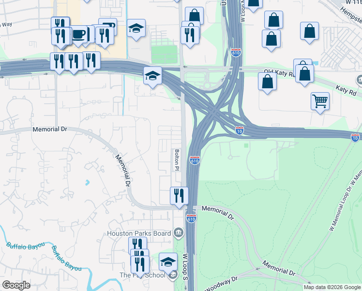 map of restaurants, bars, coffee shops, grocery stores, and more near 8606 Oakford Drive in Houston