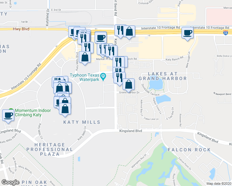 map of restaurants, bars, coffee shops, grocery stores, and more near 24859 Grand Harbor Drive in Katy