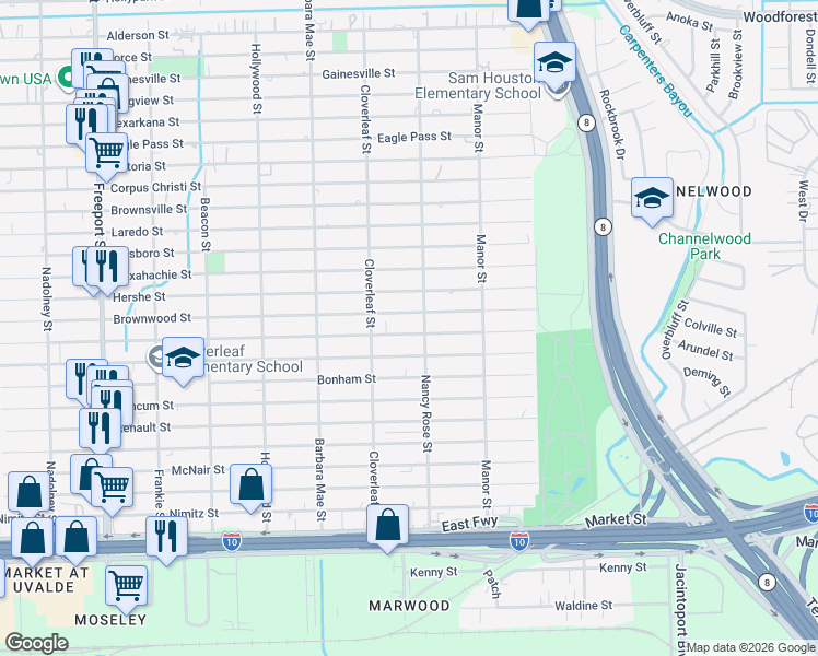 map of restaurants, bars, coffee shops, grocery stores, and more near 14443 Greenville Street in Houston