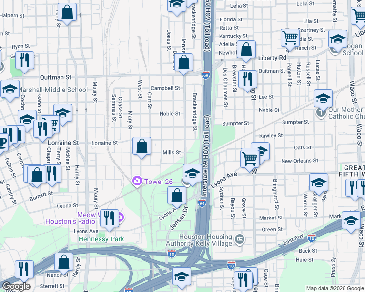 map of restaurants, bars, coffee shops, grocery stores, and more near 1814 Jensen Drive in Houston