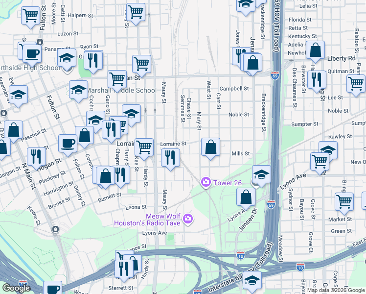 map of restaurants, bars, coffee shops, grocery stores, and more near 1810 Chase Street in Houston