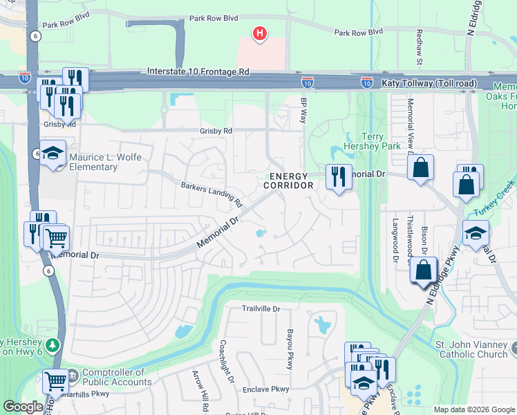 map of restaurants, bars, coffee shops, grocery stores, and more near 15571-15621 Memorial Drive in Houston