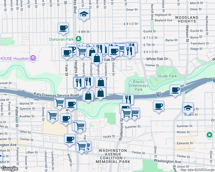 map of restaurants, bars, coffee shops, grocery stores, and more near 402 Columbia Street in Houston