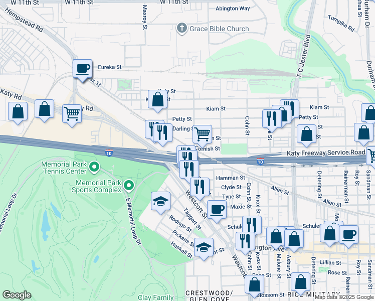 map of restaurants, bars, coffee shops, grocery stores, and more near 10043 Sherwin Street in Houston