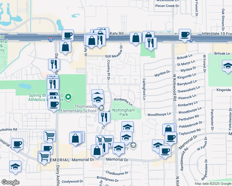 map of restaurants, bars, coffee shops, grocery stores, and more near 1000 Country Place Drive in Houston